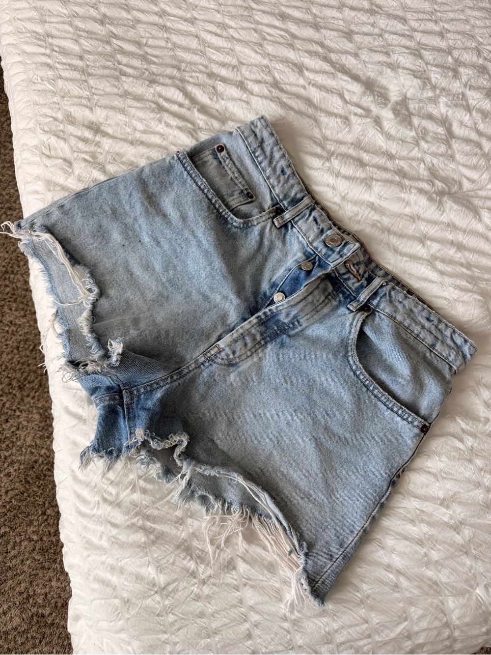 Zara Light Blue Distressed High-Waist Denim Shorts